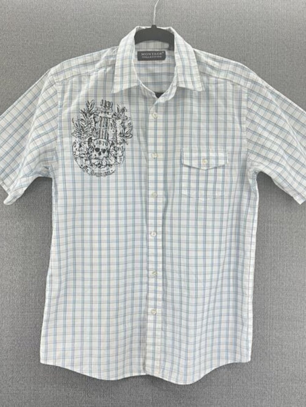 Montage Collection Mens‎ Plaid Lightweight Button Up Shirt L No Surrender Scull